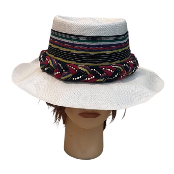 WOMEN\'S HATLANT WHITE RAINBOW/PEARL BEADED BRAIDED BAND SUN‎ HAT main image 7